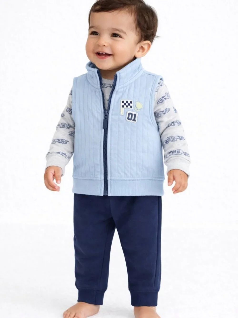 NWT Carter’s Baby Boy Race Car 3-Piece Outfit Set Blue Quilted Vest 18 Months - Picture 2 of 5